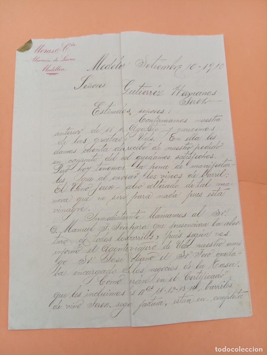 Cartas comerciales: CARTA COMERCIAL. MEDELLIN, COLOMBIA. 1910. ALMACEN DE LICORES. MORAS & CIA. 2 HOJAS.