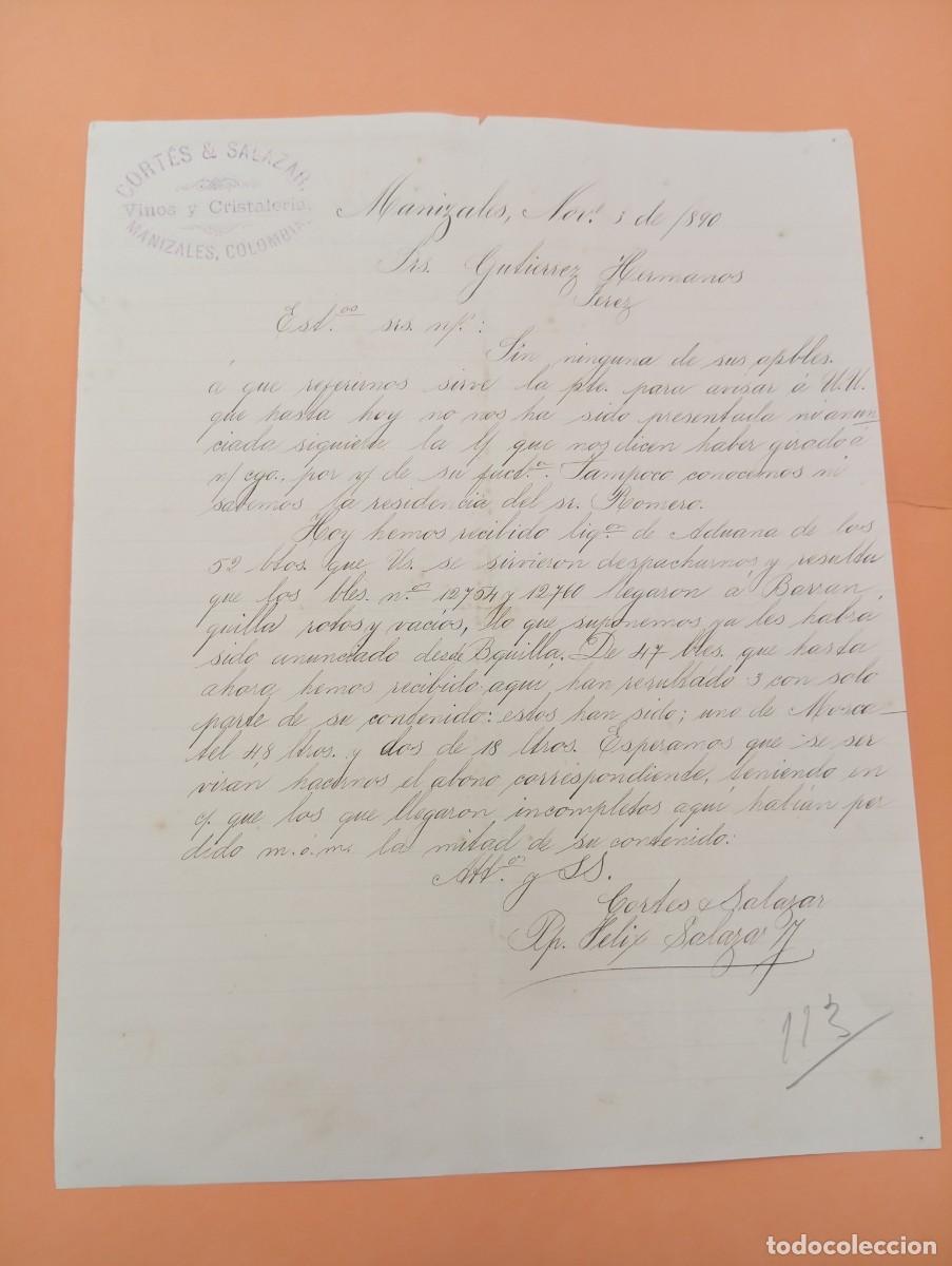 Cartas comerciales: CARTA COMERCIAL. MANIZALES, COLOMBIA. 1890. CORTES & SALAZAR.