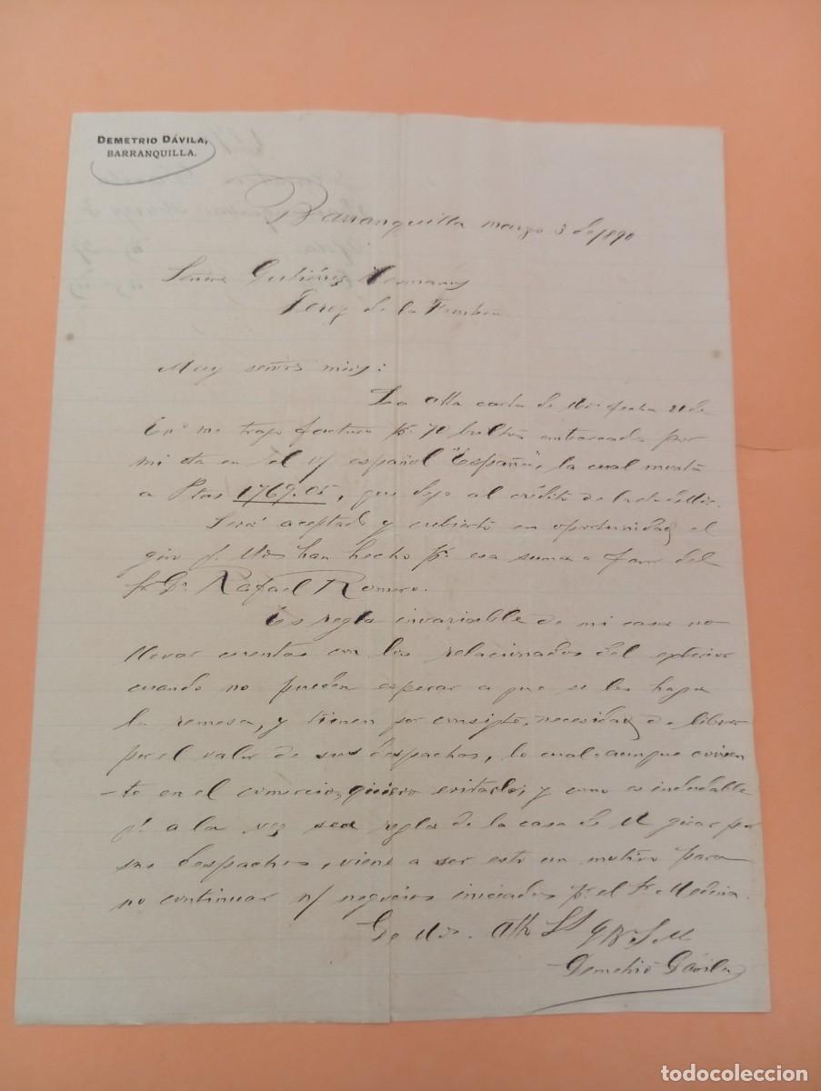 Cartas comerciales: CARTA COMERCIAL. BARRANQUILLA, COLOMBIA. 1890. DEMETRIO DAVILA.