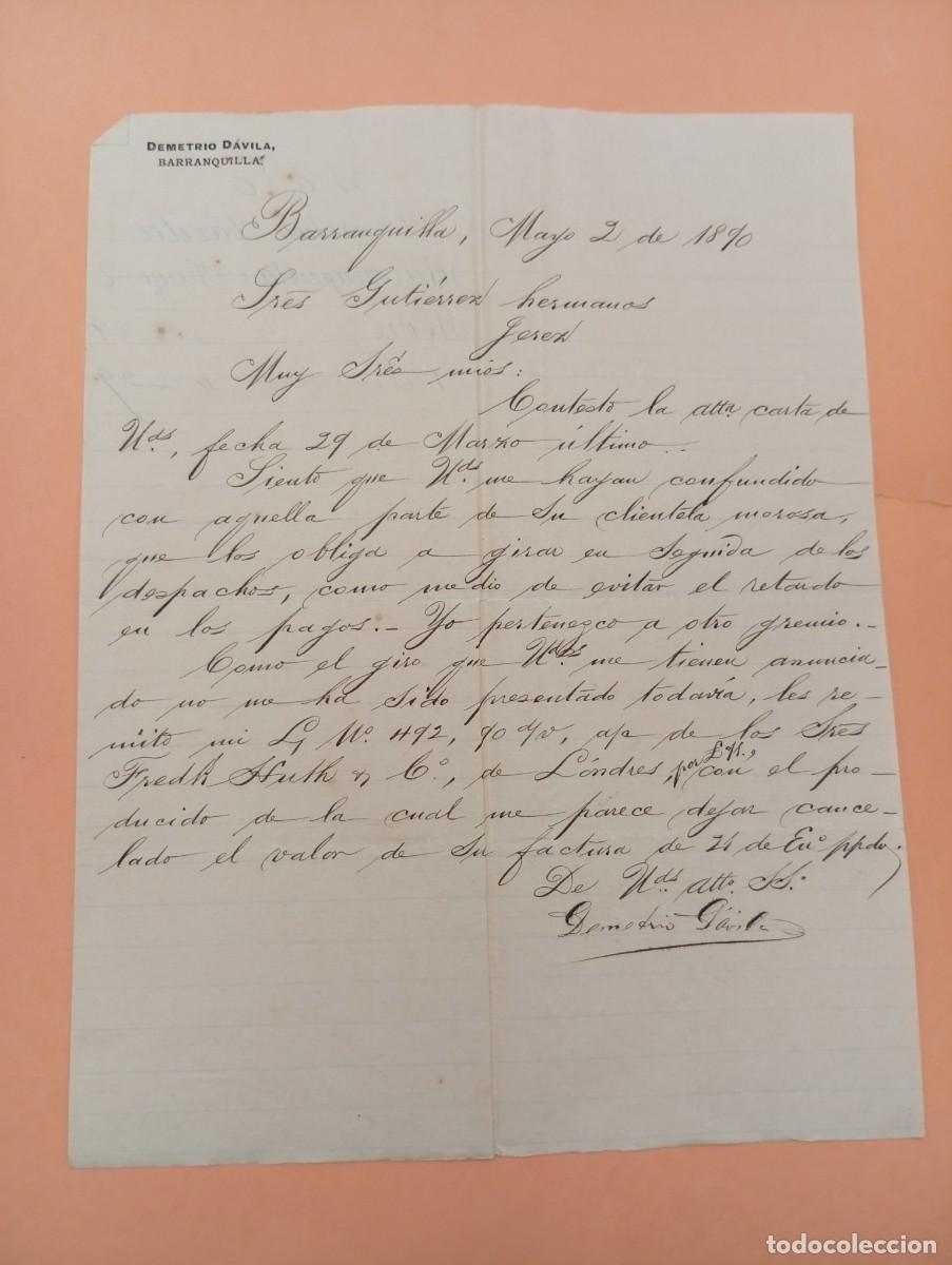 Cartas comerciales: CARTA COMERCIAL. BARRANQUILLA, COLOMBIA. 1890. DEMETRIO DAVILA.