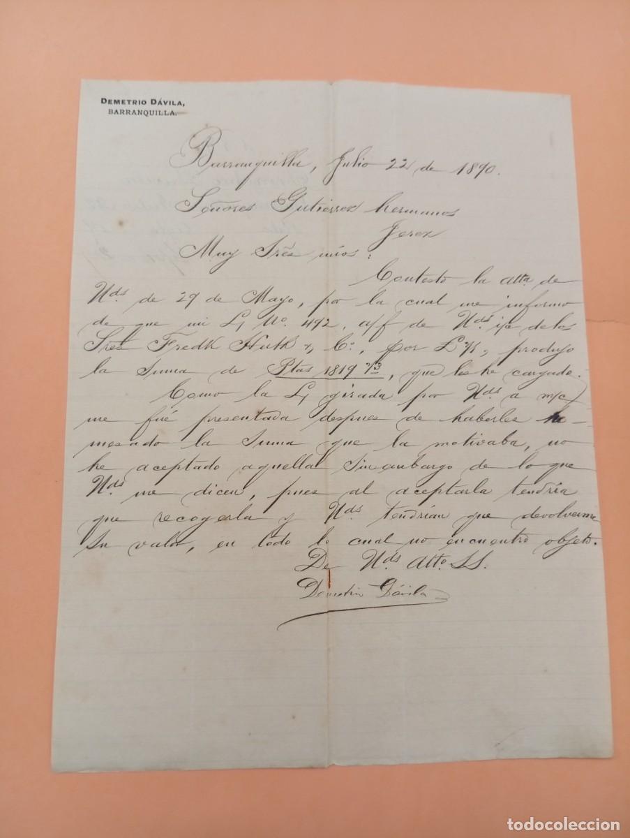Cartas comerciales: CARTA COMERCIAL. BARRANQUILLA, COLOMBIA. 1890. DEMETRIO DAVILA.