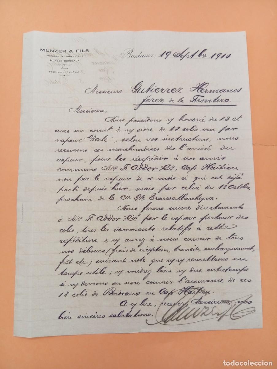 Cartas comerciales: CARTA COMERCIAL. BORDEAUX, FRANCIA. 1910. MUNZER & FILS.