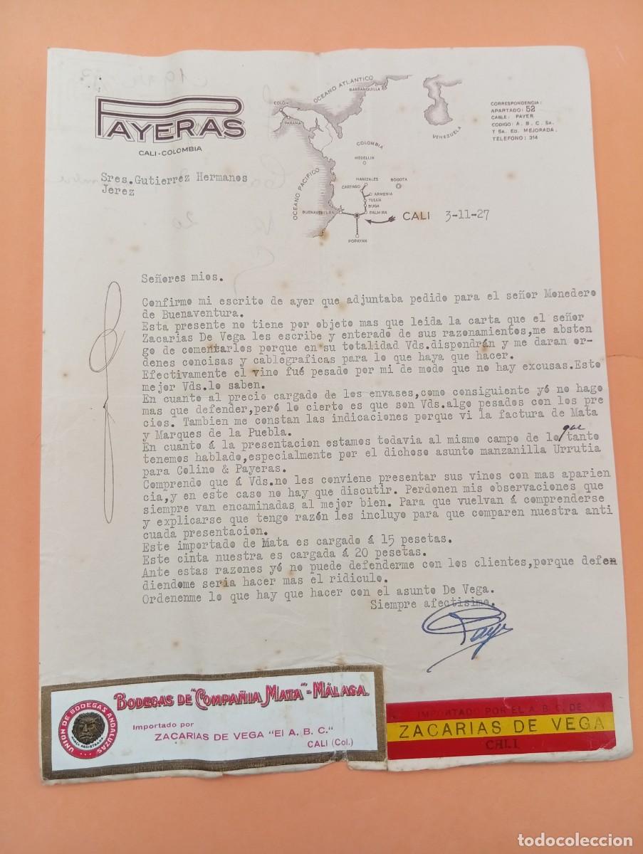 Cartas comerciales: CARTA COMERCIAL. CALI, COLOMBIA. 1927. PAYERAS. BODEGAS DE COMPA&Ntilde;IA MATA, MALAGA.
