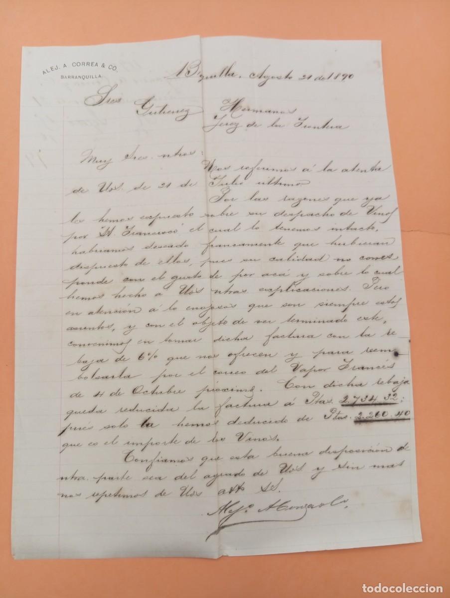 Cartas comerciales: CARTA COMERCIAL. BARRANQUILLA, COLOMBIA. 1890. ALEJ. A. CORREA & C&ordm;.