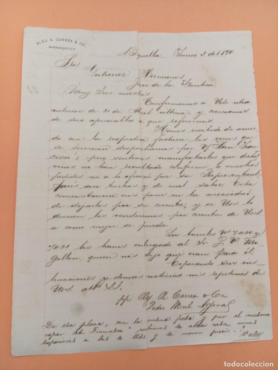 Cartas comerciales: CARTA COMERCIAL. BARRANQUILLA, COLOMBIA. 1890. ALEJ. A. CORREA & C&ordm;.
