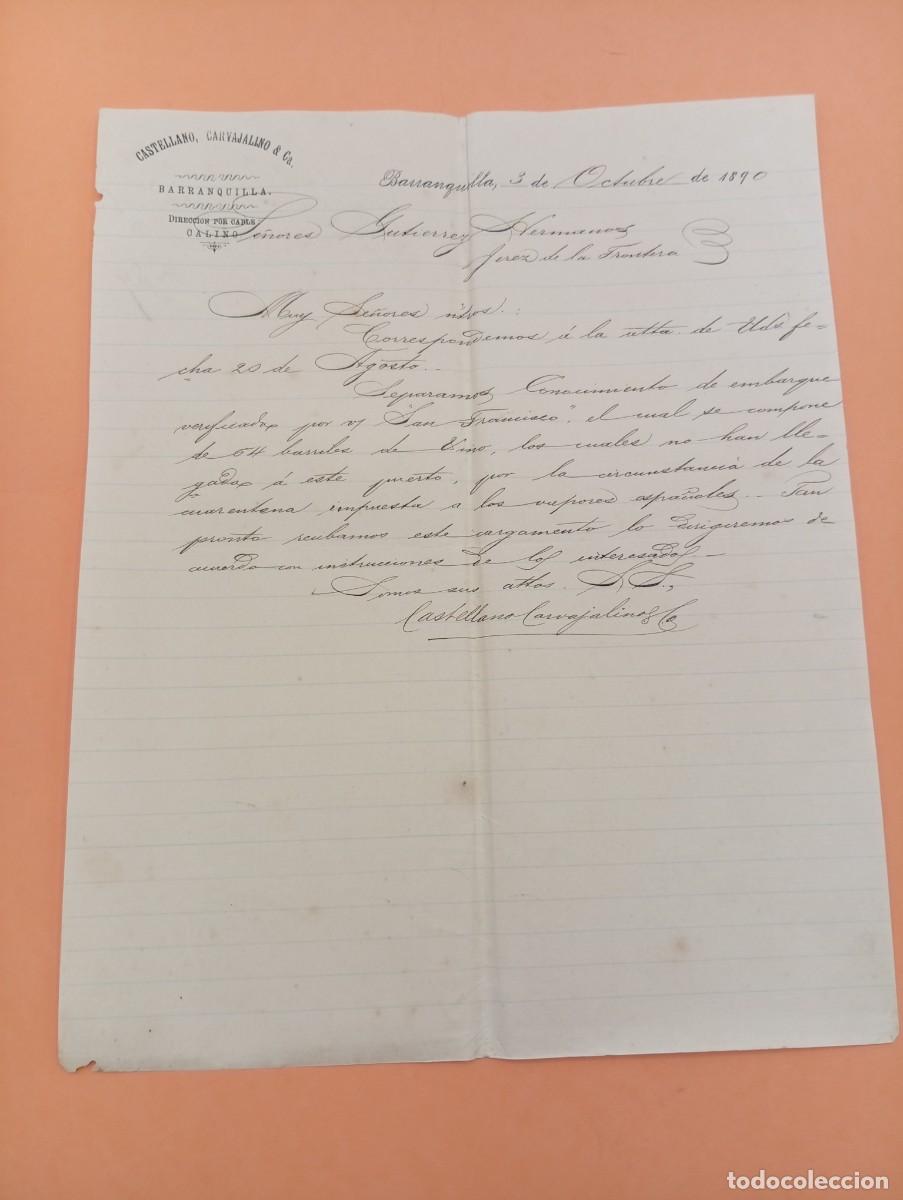 Cartas comerciales: CARTA COMERCIAL. BARRANQUILLA, COLOMBIA. 1890. CASTELLANO, CARVAJALINO & C&ordf;.