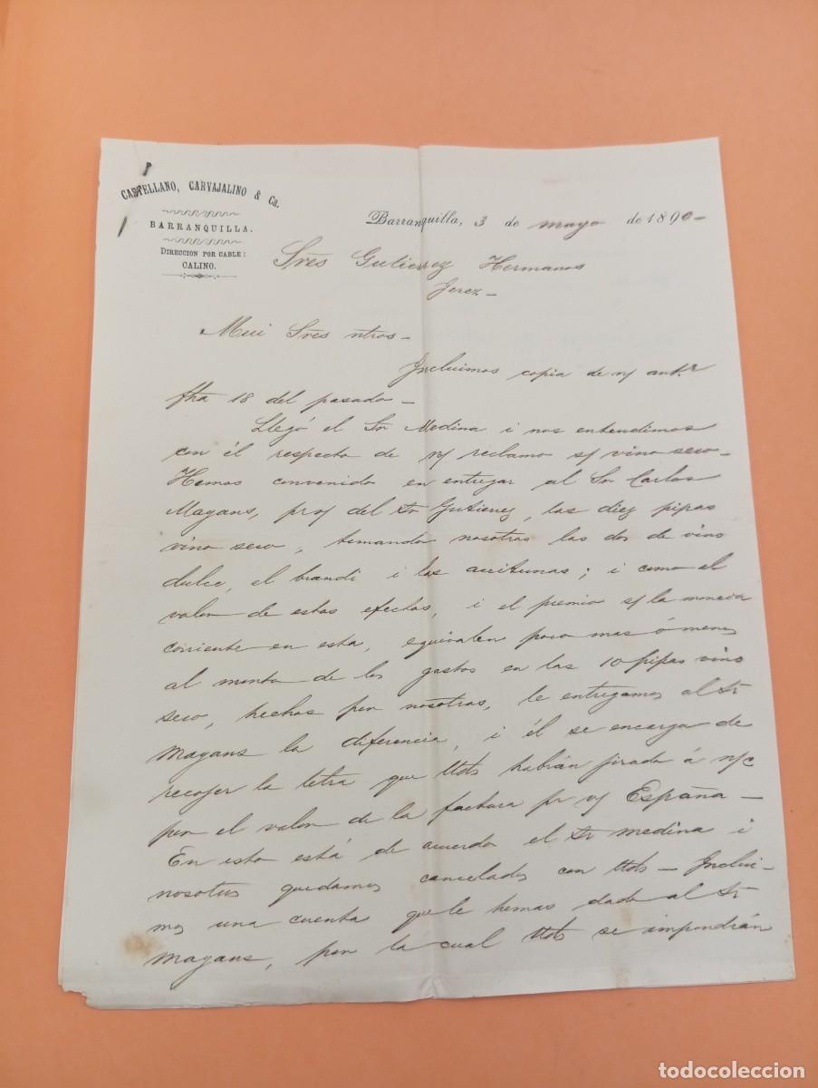 Cartas comerciales: CARTA COMERCIAL. BARRANQUILLA, COLOMBIA. 1890. CASTELLANO, CARVAJALINO & C&ordf;. 2 HOJAS.