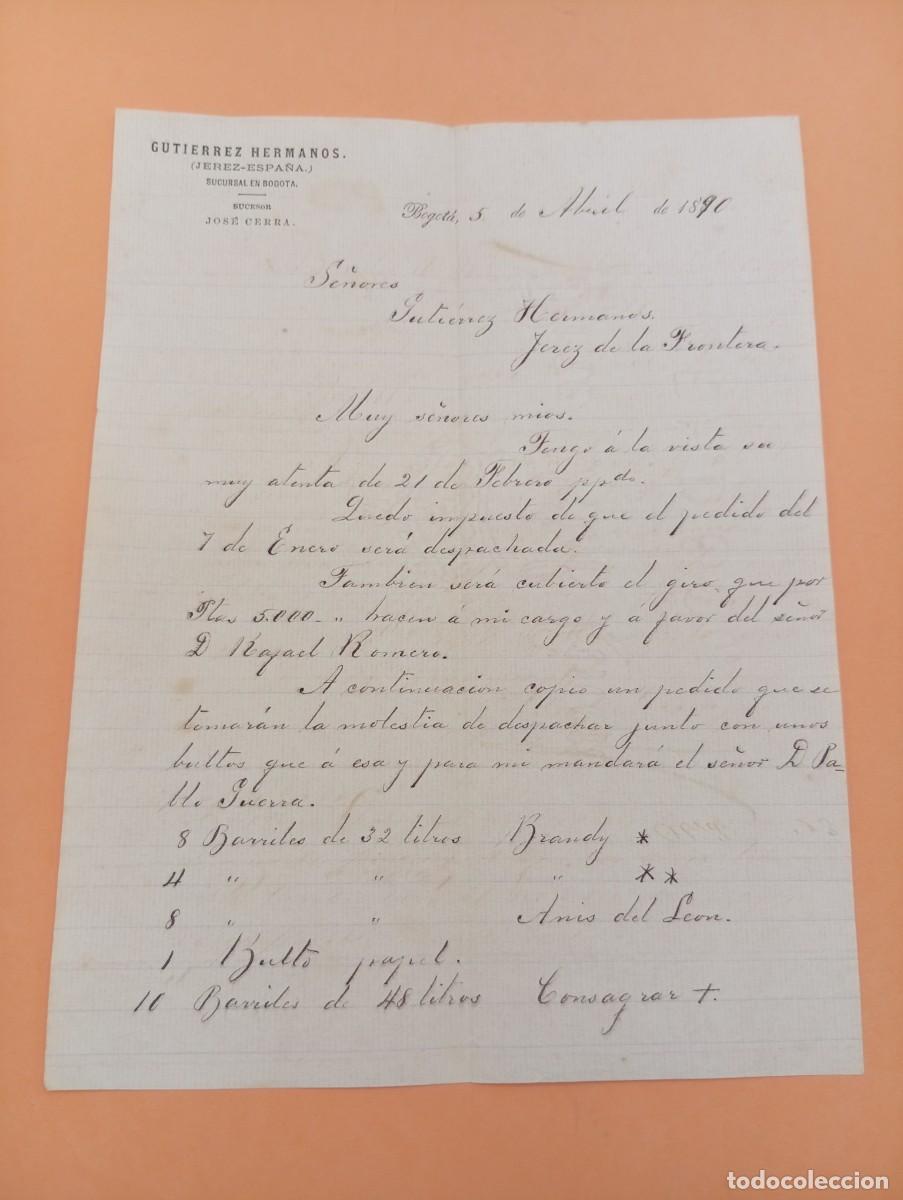 Cartas comerciales: CARTA COMERCIAL. BOGOTA, COLOMBIA. 1890. GUTIERREZ HERMANOS. (JEREZ-ESPA&Ntilde;A).