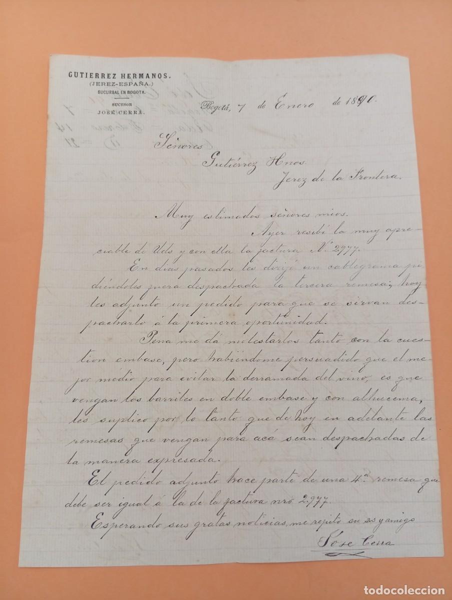 Cartas comerciales: CARTA COMERCIAL. BOGOTA, COLOMBIA. 1890. GUTIERREZ HERMANOS. (JEREZ-ESPA&Ntilde;A).
