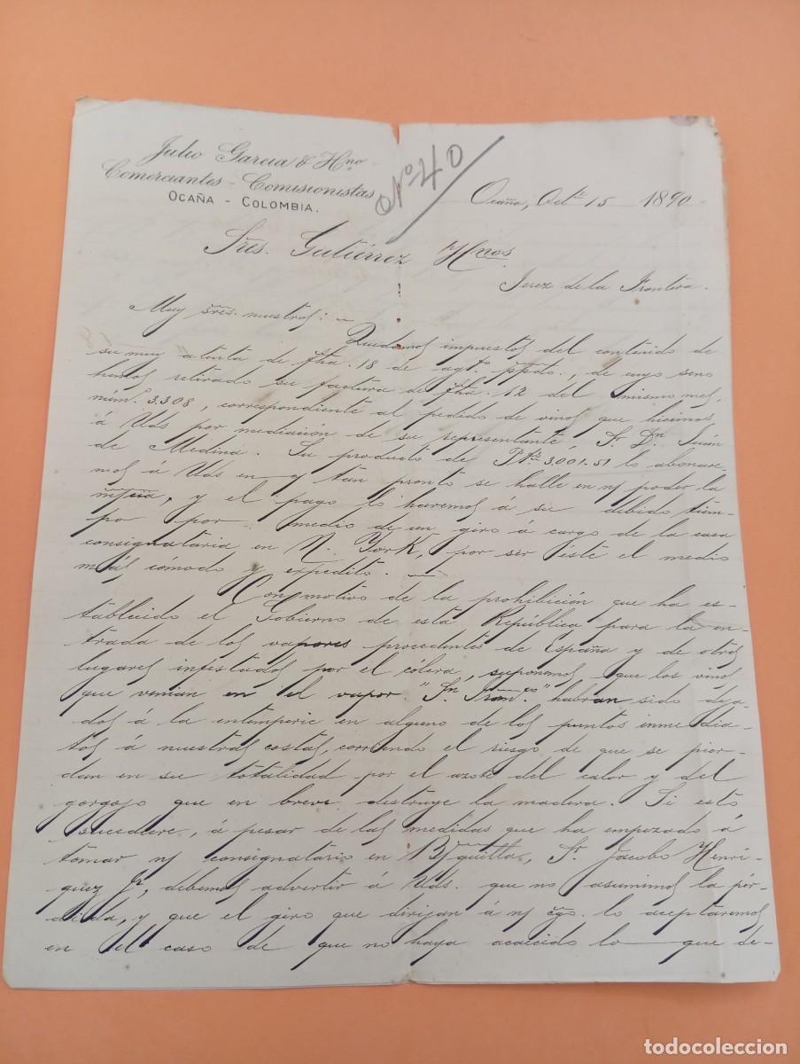 Cartas comerciales: CARTA COMERCIAL. OCA&Ntilde;A, COLOMBIA. 1890. COMERCIANTES-COMISIONISTAS. JULIO GARCIA & HNO. 2 HOJAS.