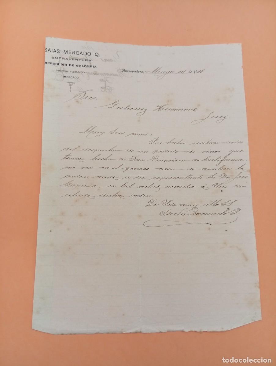 Cartas comerciales: CARTA COMERCIAL. BUENAVENTURA, COLOMBIA. 1910. ISAIAS MERCADO Q.