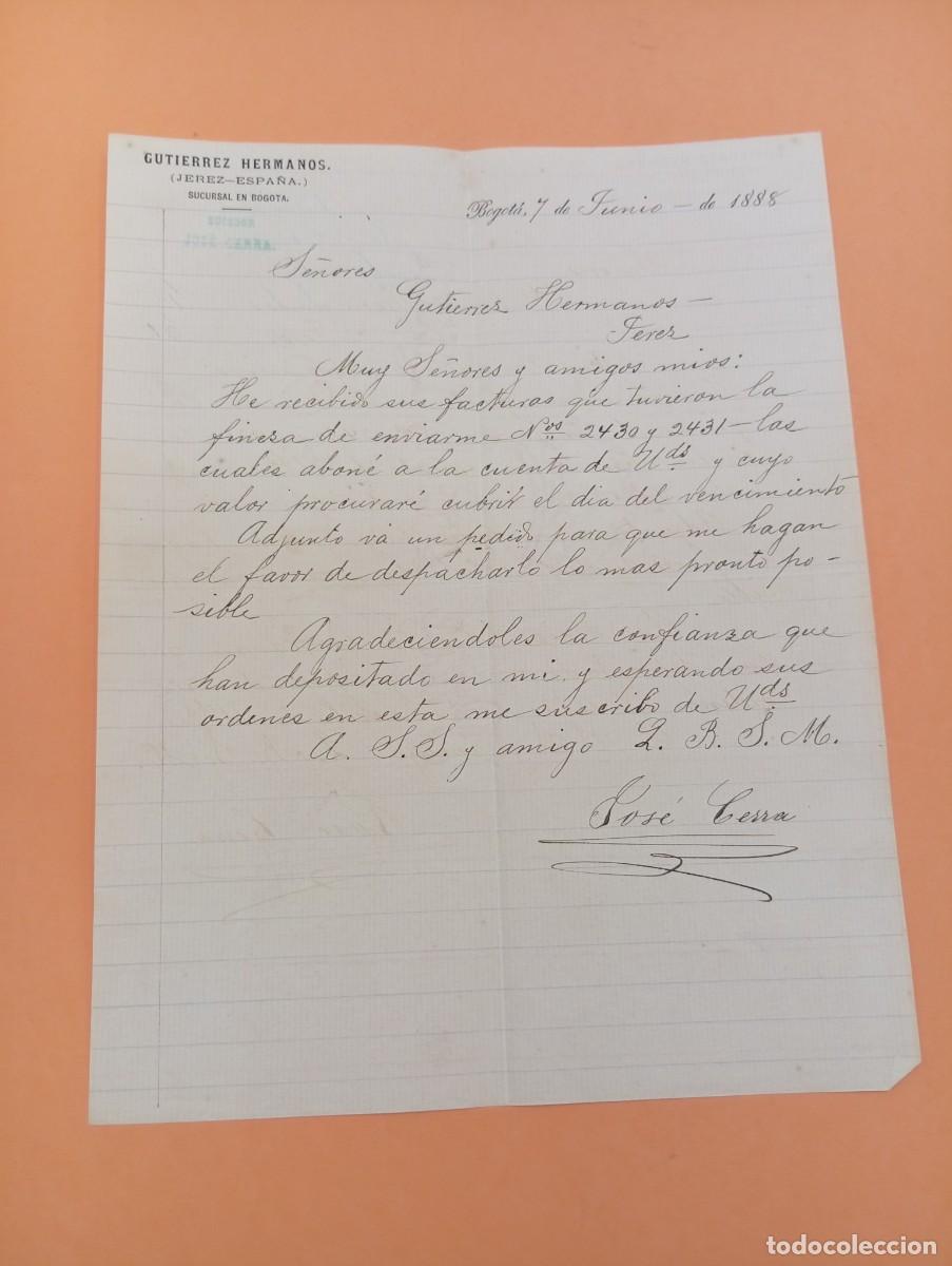 Cartas comerciales: CARTA COMERCIAL. BOGOTA, COLOMBIA. 1888. GUTIERREZ HERMANOS. (JEREZ-ESPA&Ntilde;A).