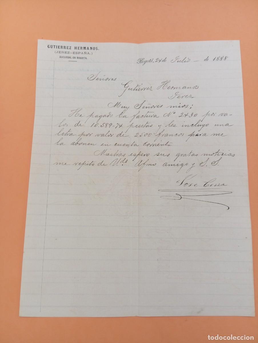 Cartas comerciales: CARTA COMERCIAL. BOGOTA, COLOMBIA. 1888. GUTIERREZ HERMANOS. (JEREZ-ESPA&Ntilde;A).