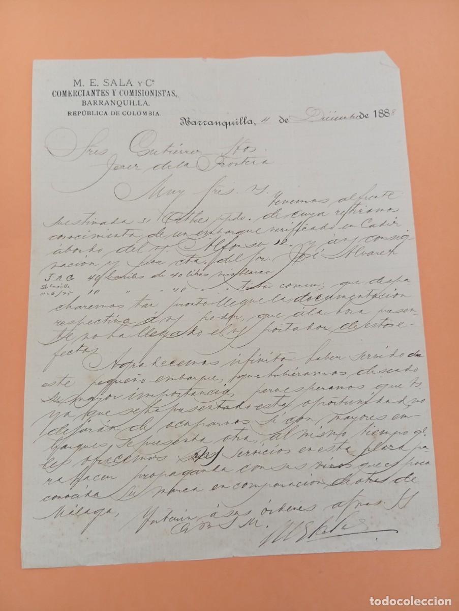 Cartas comerciales: CARTA COMERCIAL. BARRANQUILLA, COLOMBIA. 1888. COMERCIANTES Y COMISIONISTAS. M. E. SALA Y C&ordf;.