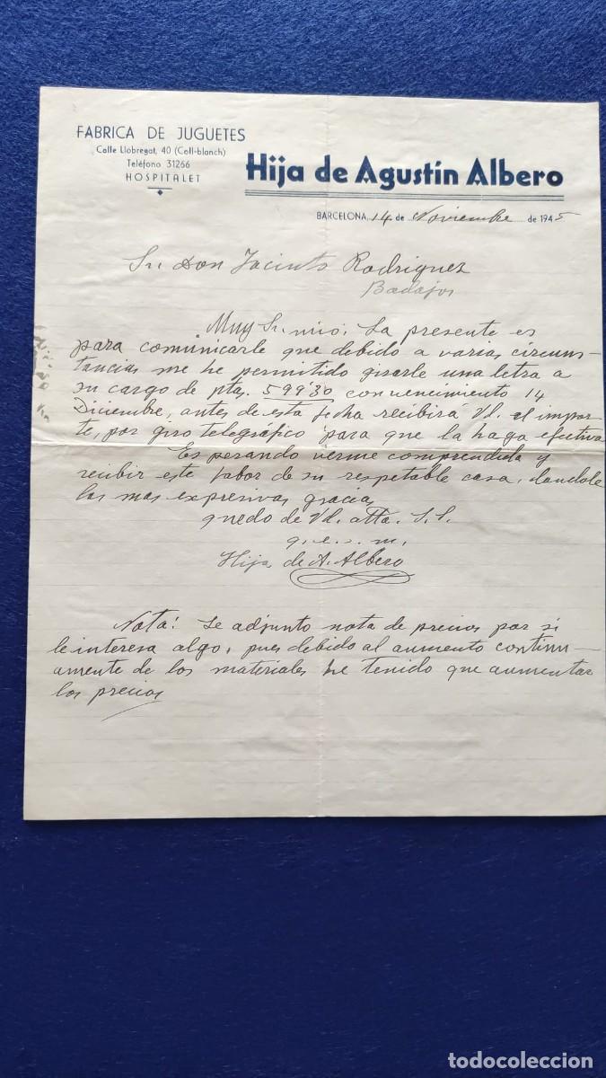 Cartas comerciales: ANTIGUA CARTA COMERCIAL FABRICA DE JUGUETES HIJA DE AGUSTIN ALBERO HOSPITALET 1945