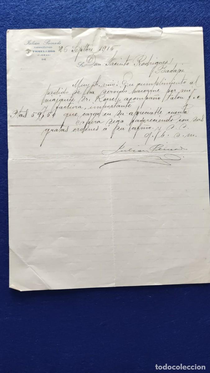 Cartas comerciales: ANTIGUA CARTA COMERCIAL JULIAN PEINADO FARMACEUTICO TOMELLOSO CIUDAD REAL 1915