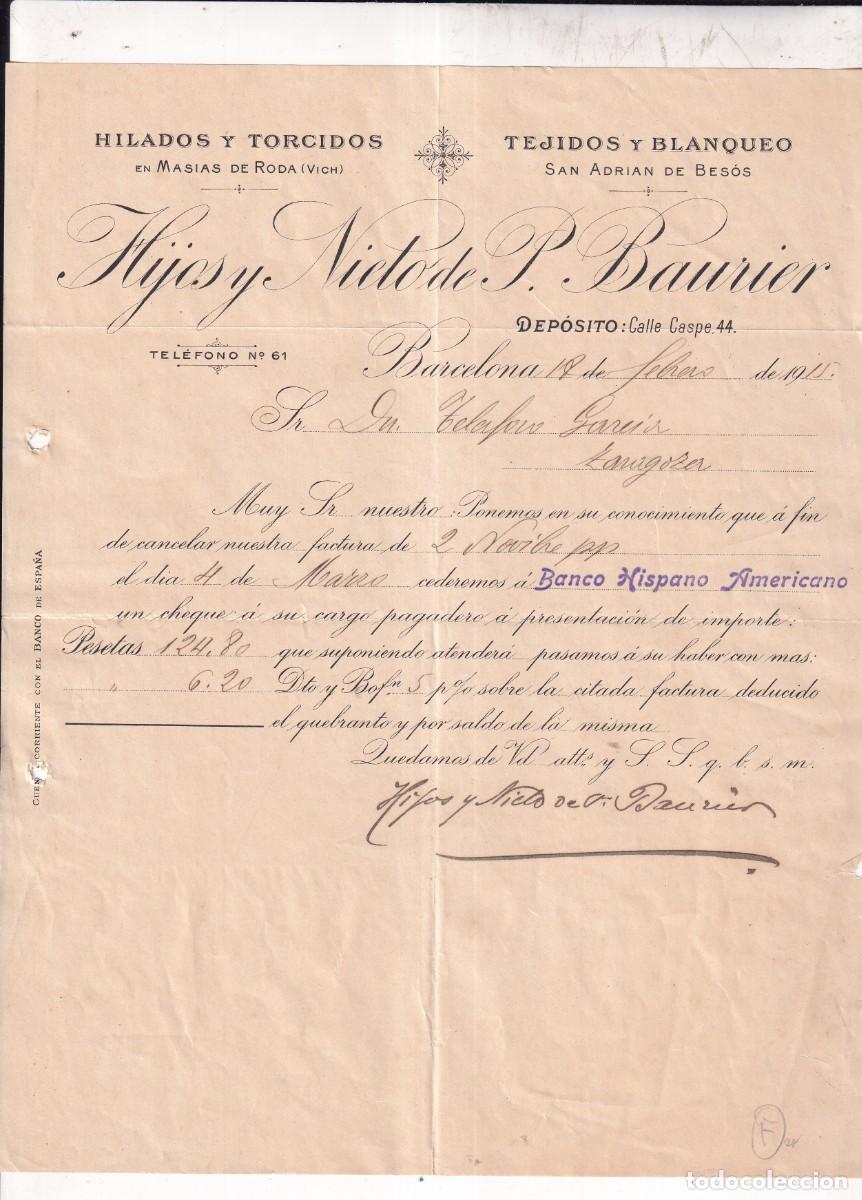 Cartas comerciales: BARCELONA-HILADOS Y TORCIDOS HIJOS Y NIETO DE BAURIER FIRMA PROPIETARIO