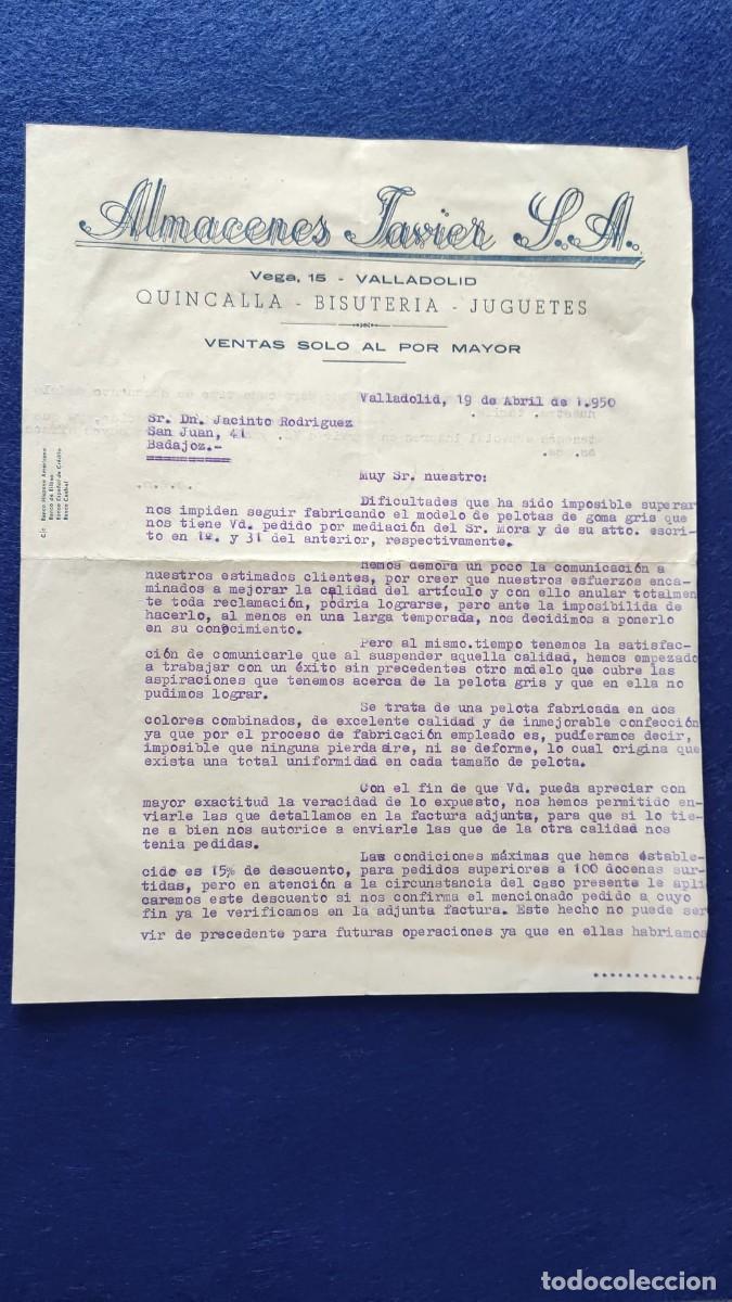 Cartas comerciales: ANTIGUA CARTA COMERCIAL ALMACENES JAVIER SA QUINCALLA BISUTERIA JUGUETES VALLADOLID 1950