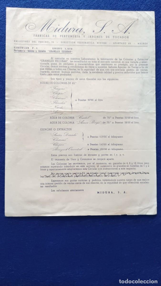 Cartas comerciales: ANTIGUA CARTA FABRICA DE PERFUMERIA Y JABONES DE TOCADOR COMERCIAL MIDURA SA MALAGA 1950