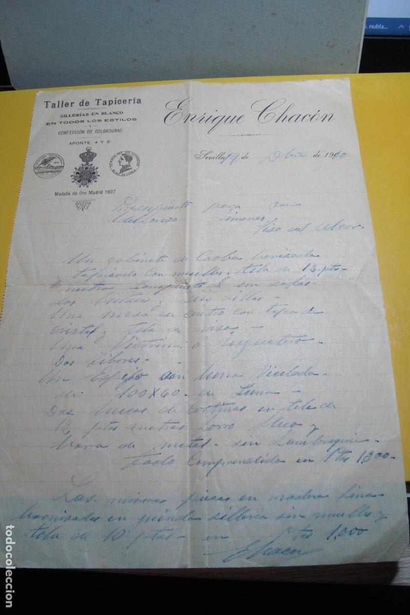 Cartas comerciales: ANTIGUA CARTA COMERCIAL ENRIQUE CHACON. TALLER DE TAPICERIA SILLERIA EN BLANCO. SEVILLA 1910
