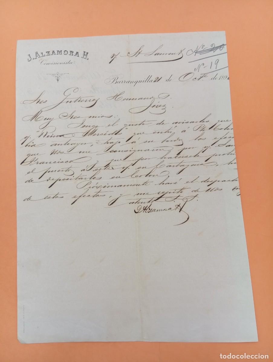 Cartas comerciales: CARTA COMERCIAL. BARRANQUILLA, COLOMBIA. 1890. J. ALZAMORA H. COMISIONISTA.