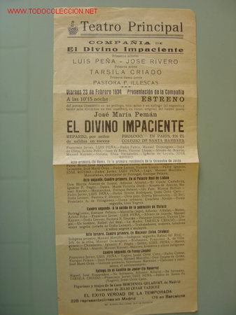 Carteles espect&aacute;culos: TEATRO PRINCIPAL, COMPA&Ntilde;IA DE: EL DIVINO VALIENTE - A&ntilde;o 1934 - Foto 1