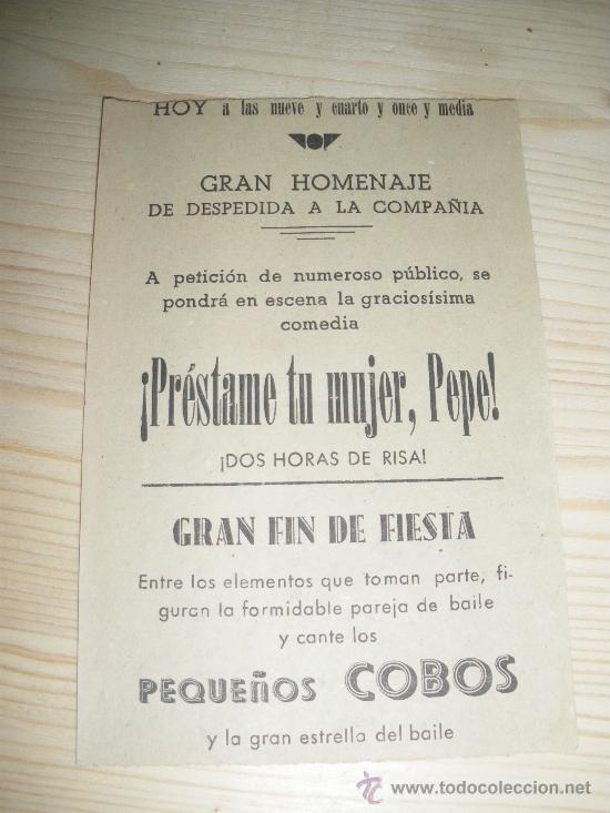 Carteles espect&aacute;culos: PRESTAME A TU MUJER PEPE. PEQUE&Ntilde;OS COBOS. TROZO DE PROGRAMA DE FIESTAS. - Foto 1