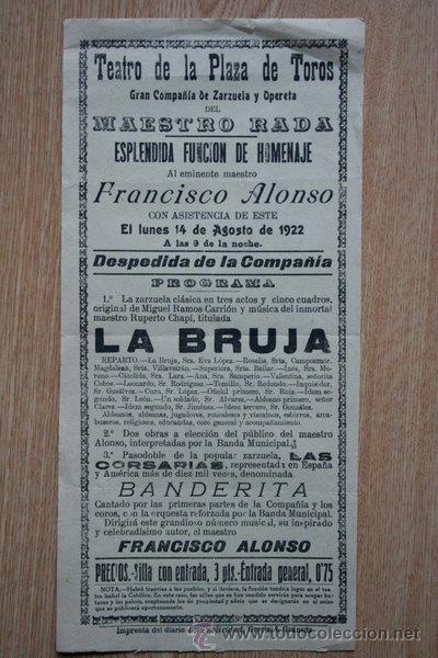 Carteles espect&aacute;culos: Funci&oacute;n de homenaje al maestro Francisco Alonso. Programa: La Bruja de Miguel Ramos Carri&oacute;n. - Foto 1