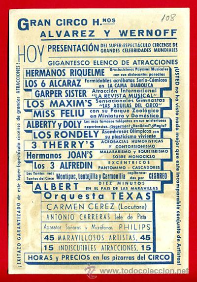 Carteles espect&aacute;culos: PEQUE&Ntilde;O CARTEL CIRCO , ALVAREZ Y WERNOFF , ORIGINAL , C108 - Foto 2