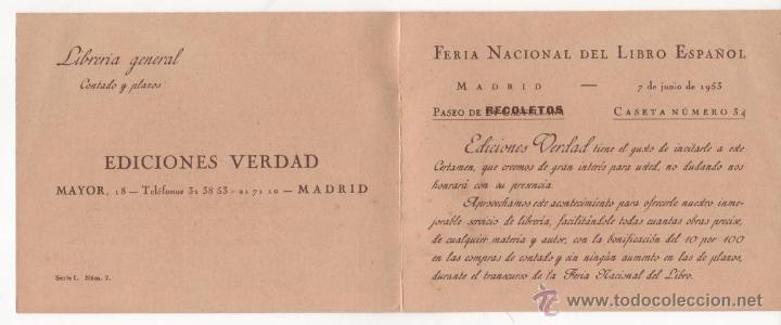 Carteles espect&aacute;culos: invitaci&oacute;n feria internacional del libro. a&ntilde;o 1953 - Foto 2