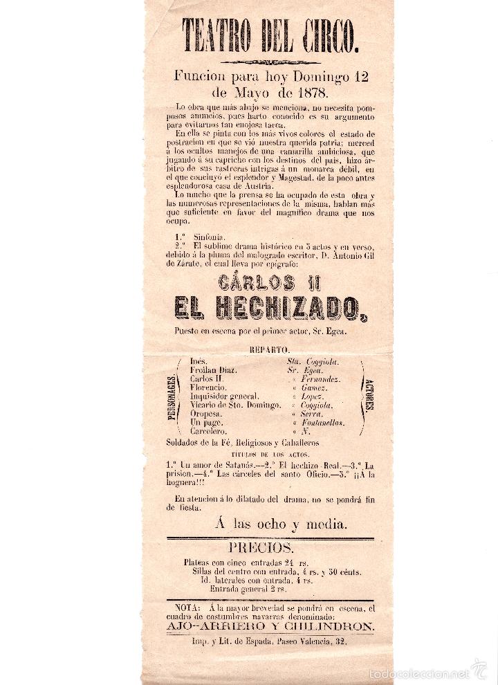 Carteles espect&aacute;culos: PROGRAMA DEL TEATRO DEL CIRCO 1878, CARLOS II EL HECHICERO - Foto 1