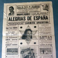 Carteles Espectáculos: CARTEL PROGRAMA PLAZA TOROS VILLADIEGO BURGOS ALEGRÍAS ESPAÑA CARMINA ARGENTINA VICENTE GÓMEZ 1959. Lote 91365085