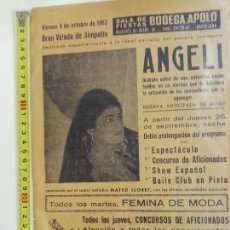 Carteles Espectáculos: CARTEL DE LA SALA APOLO DE BARCELONA DE 1963-10-4, DE LA ARTISTA ANGELI.. Lote 100778219