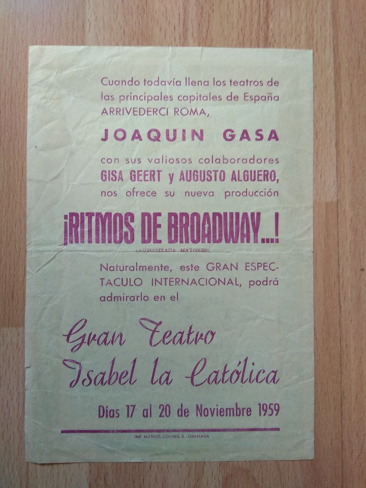 Carteles espect&aacute;culos: PROGRAMA SIMPLE DE TEATRO  ISABEL LA CATOLICA 1959 --RITMOS DE BROADWAY - Foto 2