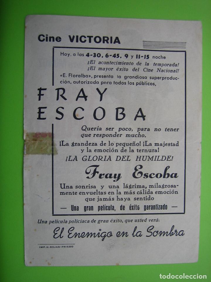 Carteles espect&aacute;culos: 1 Programa de cine. Fray escoba. Cine Victoria - Foto 2