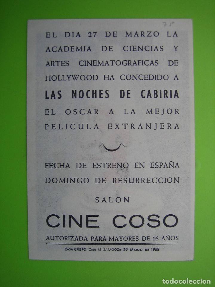 Carteles espect&aacute;culos: 1 Programa de cine. Las noches de Cabiria. Cine Coso - Foto 2