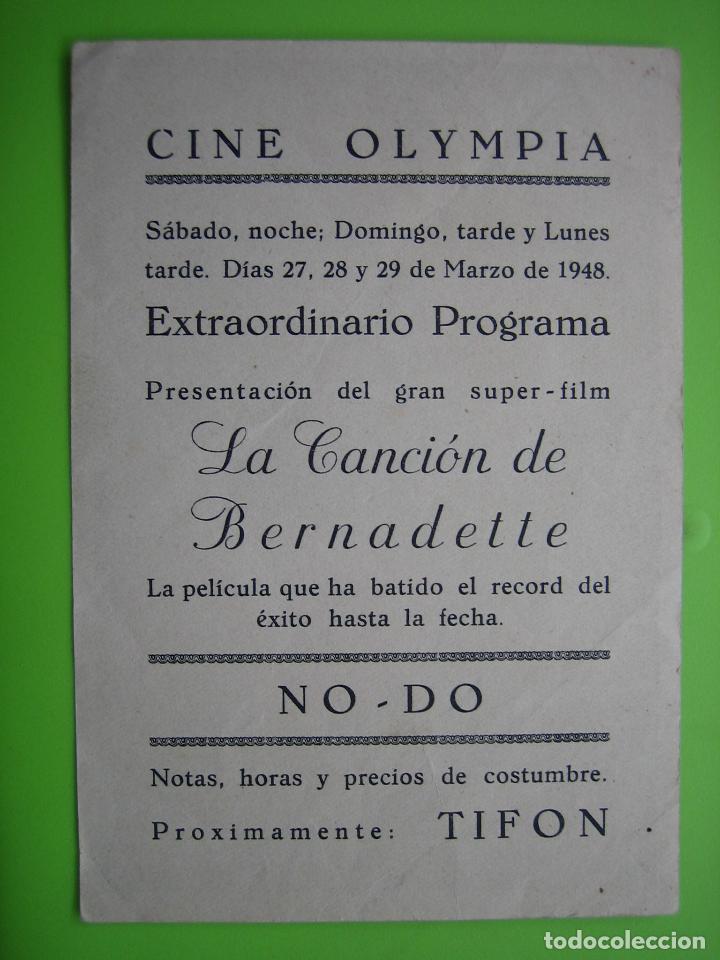 Carteles espect&aacute;culos: 4 Programa de cine. La canci&oacute;n de Bernadette. Cine Olympia - Foto 2