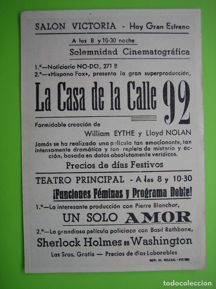 Carteles espect&aacute;culos: 4 Programa de cine. La casa de la calle 92. Sal&oacute;n Victoria - Foto 2