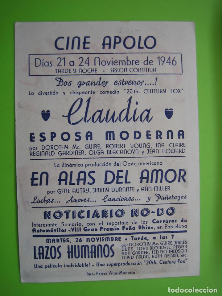 Carteles espect&aacute;culos: 4 Programa de cine. Claudia esposa moderna. Cine Ap&oacute;lo - Foto 2