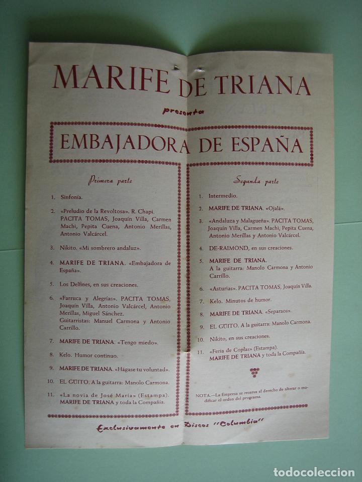 Carteles espect&aacute;culos: Antiguo programa de espect&aacute;culos. Flamenco. Mari Fe de Triana - Foto 2