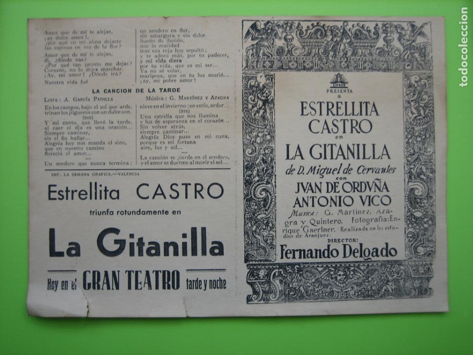 Carteles espect&aacute;culos: Antiguo programa de espect&aacute;culos. La Gitanilla. Estrellita Castro - Foto 1