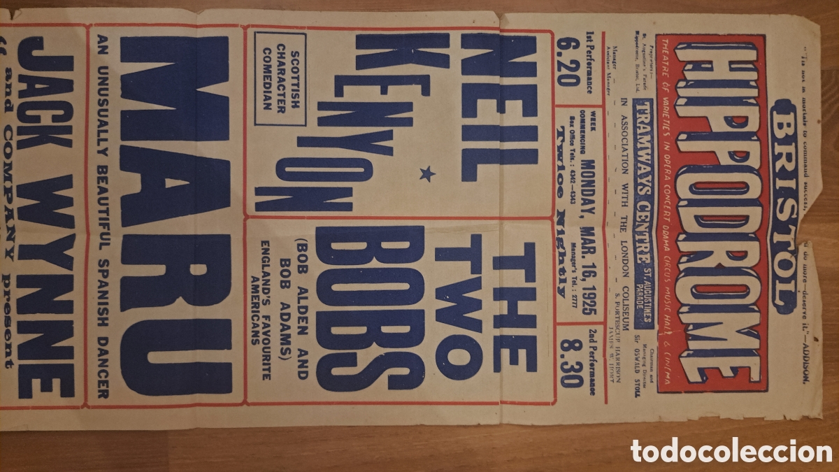 Carteles espect&aacute;culos: Cartel espect&aacute;culo bristol hippodrome 16 marzo 1925 - Foto 2