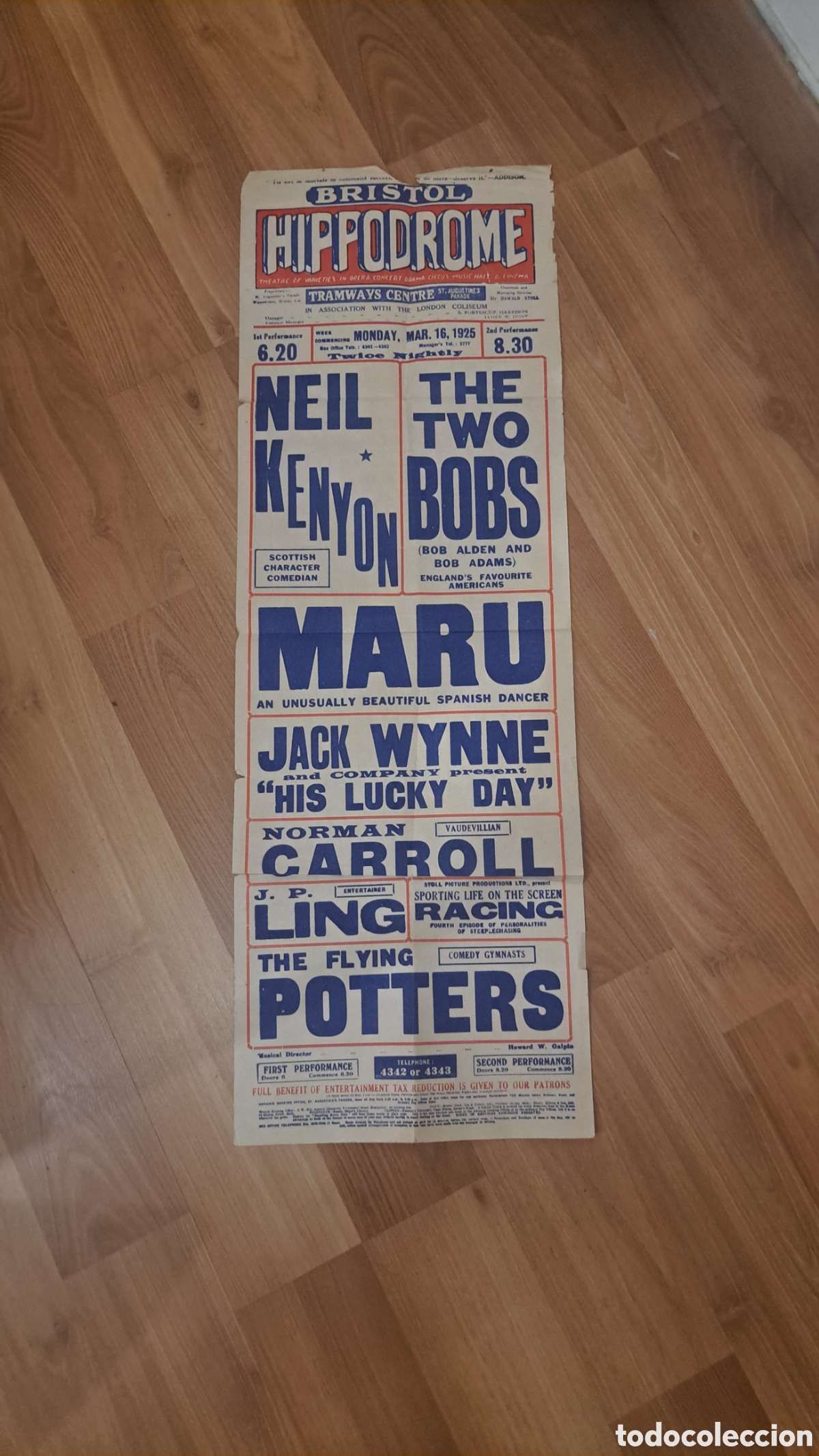 Carteles espect&aacute;culos: Cartel espect&aacute;culo bristol hippodrome 16 marzo 1925 - Foto 1
