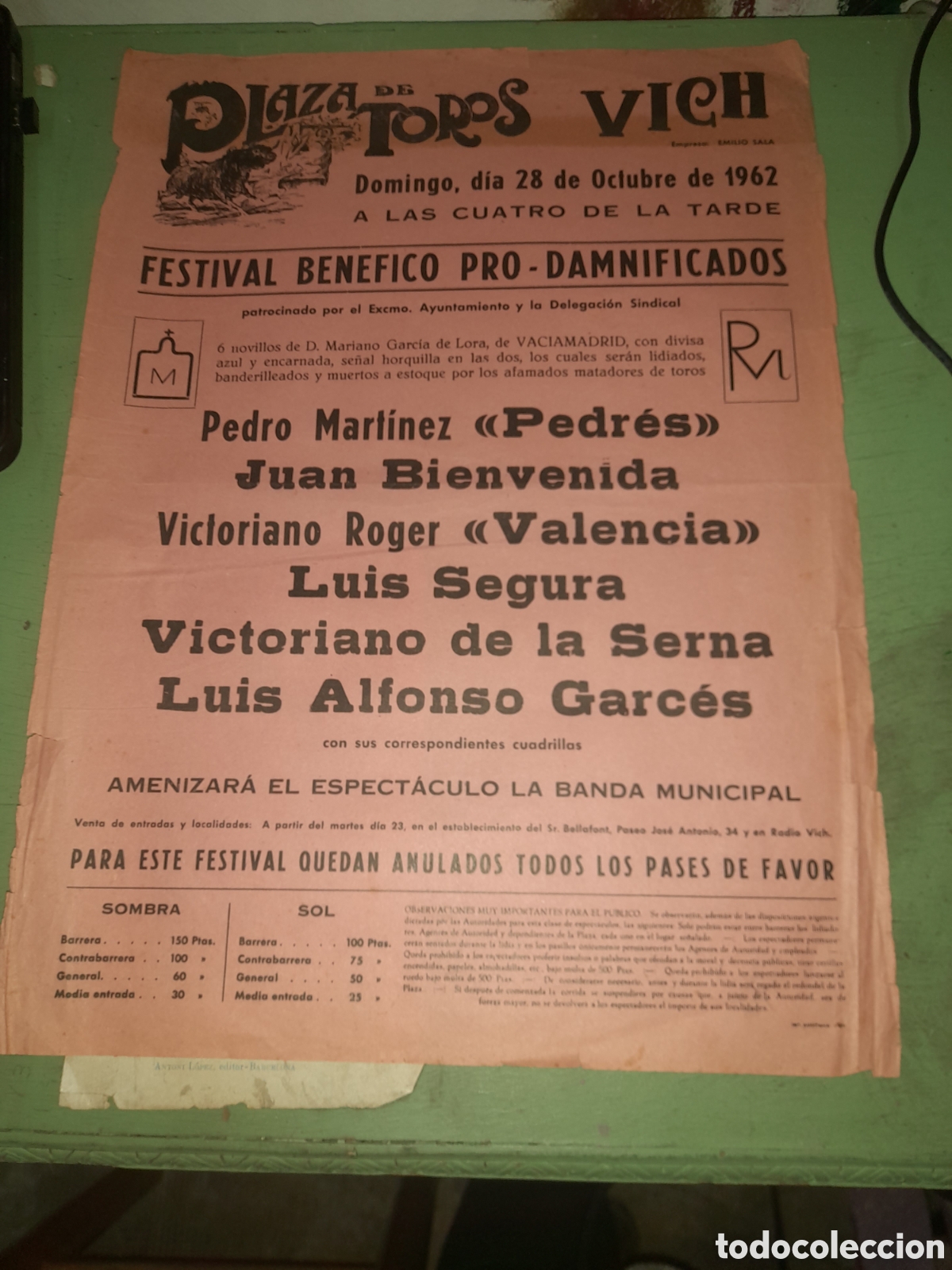 Carteles espect&aacute;culos: Cartel del 1962 Plaza de toros Vich - Foto 1