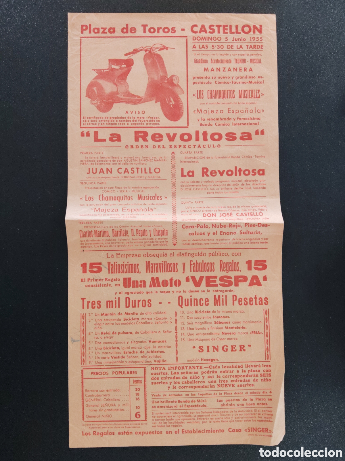 Carteles Espect&aacute;culos: CARTEL 21X42 - PLAZA DE TOROS CASTELLON - JUNIO 1955 - PUBLICIDAD MOTO VESPA LA REVOLTOSA