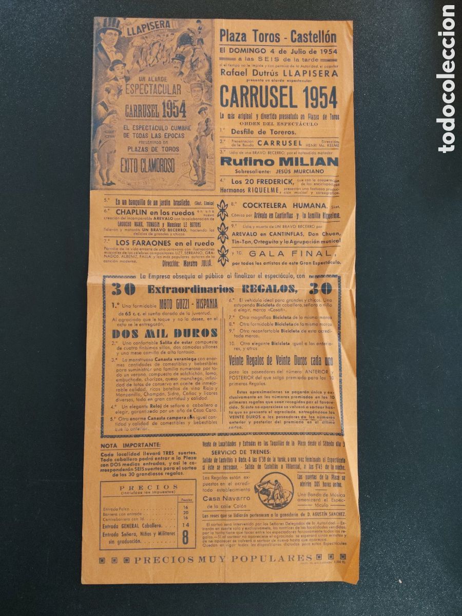 Carteles Espect&aacute;culos: CARTEL 21X43 - PLAZA DE TOROS CASTELLON - CARRUSEL 1954 JULIO - RUFINO MILIAN CHAPLIN EN LOS RUEDOS