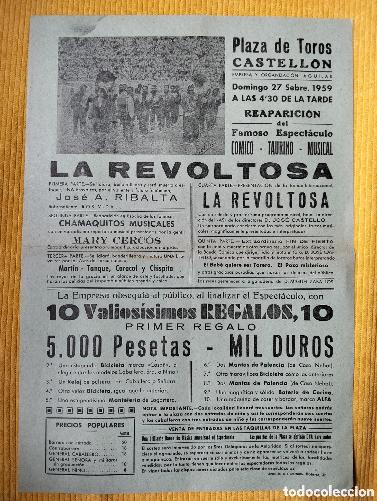 Affiches Spectacles: CARTEL PLAZA DE TOROS CASTELLON 27 SEBRE 1959 PUBLICIDAD LA REVOLTOSA ESPECTACULO COMICO MUSICAL