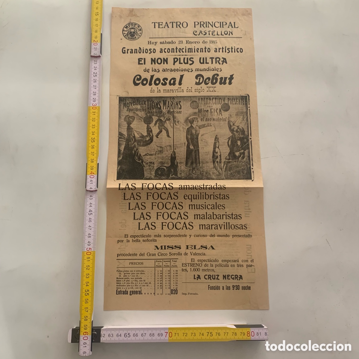 Carteles Espect&aacute;culos: Cartel publicidad programa folleto mano las focas amaestradas circo sorolla 23 enero 1915 castellon