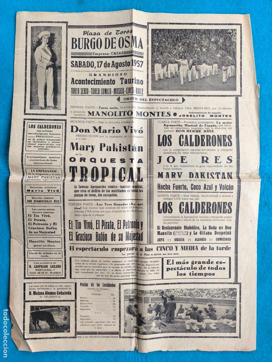 Carteles Espect&aacute;culos: RW CARTEL PLAZA TOROS BURGO DE OSMA SORIA 1957 ACONTECIMIENTO TAURINO LOS CALDERONES CTC165A