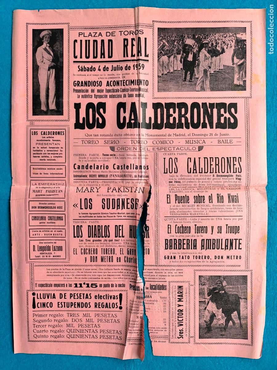 Carteles Espect&aacute;culos: RW CARTEL PLAZA TOROS CIUDAD REAL 1959 LOS CALDERONES EL COCHE TORERO CTC172